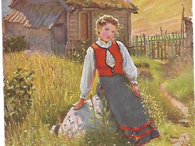 Sennerin in alten Zeiten | © Postkarte/1940 Young woman in traditional dress walking in grassy field, traditional house in background, scenic countryside setting. | © Postkarte/1940