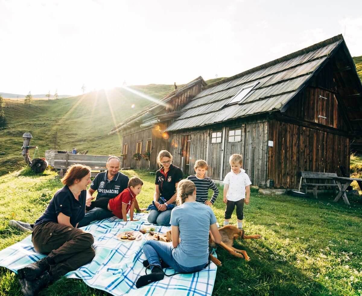 Familienpicknick auf der Alm in Kärnten | © Urlaub am Bauernhof Kärnten / Daniel Gollner Eine Gruppe sitzt auf einer Decke in einem ländlichen Umfeld. Im Hintergrund ein altes Holzhaus mit Strohdach, umgeben von Wiesen und Hügeln. Die Menschen scheinen eine gesellige Picknick-Auszeit in der Natur zu genießen. | © Urlaub am Bauernhof Kärnten / Daniel Gollner