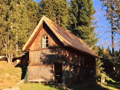 Herbstliche Stimmung | © Urlaub am Bauernhof / Schell Ein altes, hölzernes Berghaus in einer idyllischen Waldumgebung mit hohen Bäumen, unter einem blauen Himmel. Das Gebäude wirkt rustikal und passt harmonisch in die natürliche Umgebung. | © Urlaub am Bauernhof / Schell