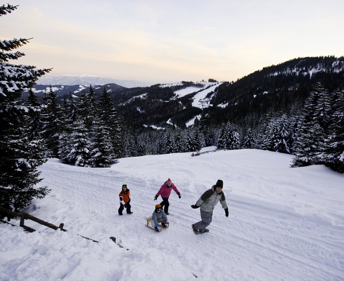 Familie mit Rodel auf der Alm | © Urlaub am Bauernhof/ Tom Lamm Familie spaziert mit Rodel auf der Alm in der verschneiten Winterlandschaft | © Urlaub am Bauernhof/ Tom Lamm
