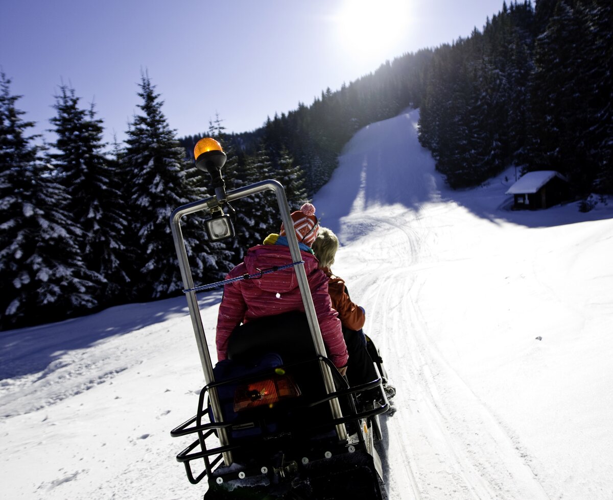Personen sitzen auf dem Skidoo mit Blick in die Winterlandschaft | © Urlaub am Bauernhof / Tom Lamm