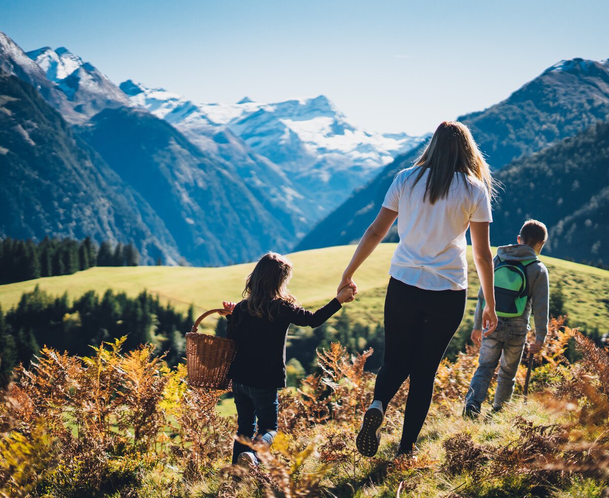 Spaziergang mit Familie auf der Alm | © Urlaub am Bauernhof Salzburg / Daniel Gollner Mutter mit Kind an der Hand spaziert auf der Alm | © Urlaub am Bauernhof Salzburg / Daniel Gollner
