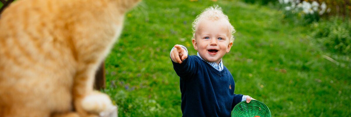 Kleiner Bub zeigt auf eine Katze mit Osterei in der Hand | © Urlaub am Bauernhof / Daniel Gollner