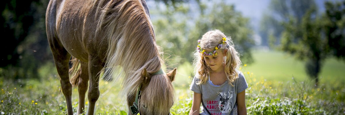 Mädchen sitzt mit Pferd auf der Wiese | © Urlaub am Bauernhof Kärnten / Tom Lamm