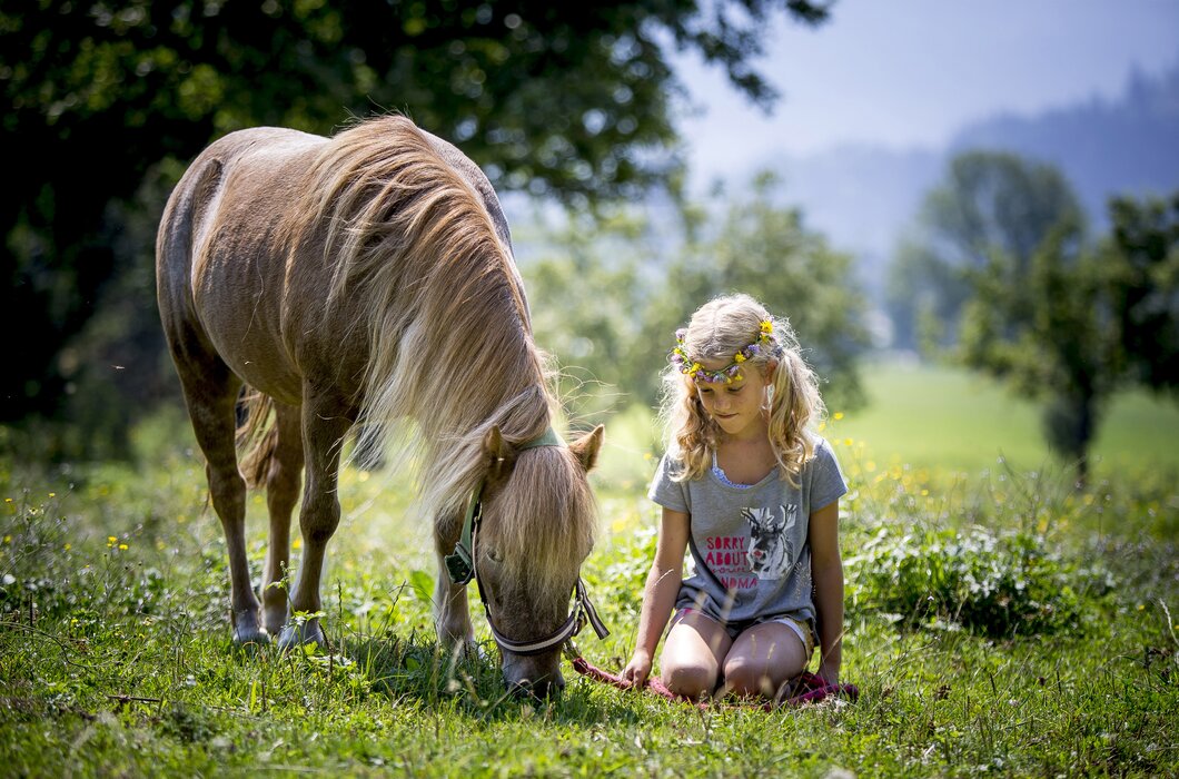 Mädchen sitzt mit Pferd auf der Wiese | © Urlaub am Bauernhof Kärnten / Tom Lamm
