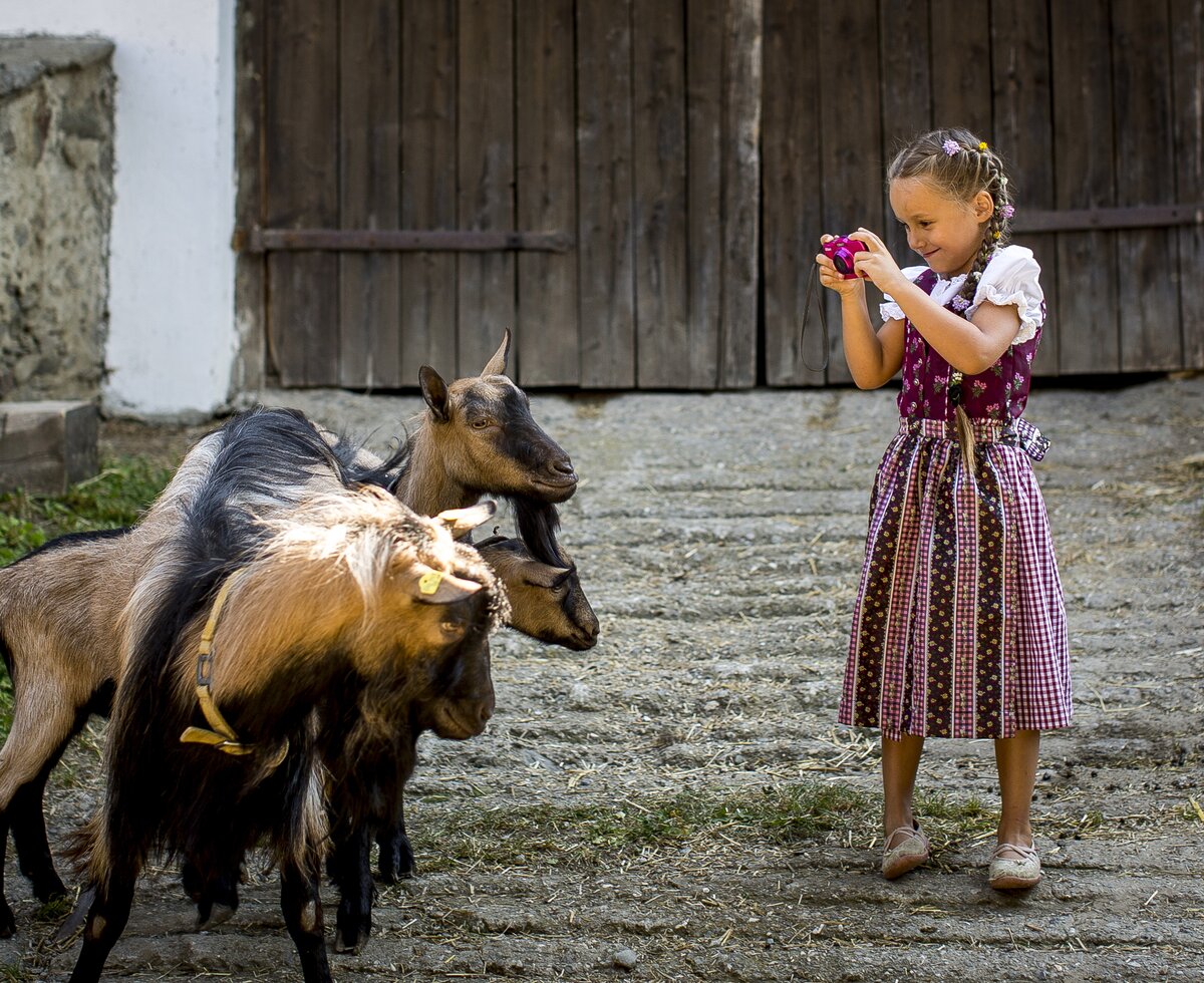 Mädchen im Dirndl fotografiert Ziegen | © Urlaub am Bauernhof Kärnten / Tom Lamm Mädchen im pinken Dirndl fotografiert Ziegen mit Spielzeugkamera | © Urlaub am Bauernhof Kärnten / Tom Lamm