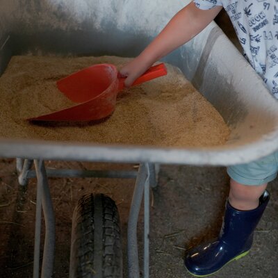 A child using a red shovel to scoop sand into a wheelbarrow, wearing a T-shirt with symbols and shorts.