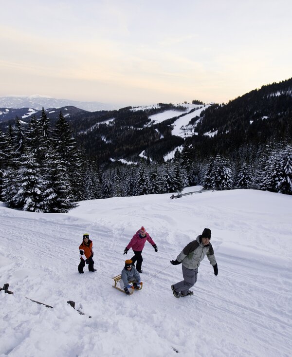 Familie rodelt auf der Alm | © Tom Lamm