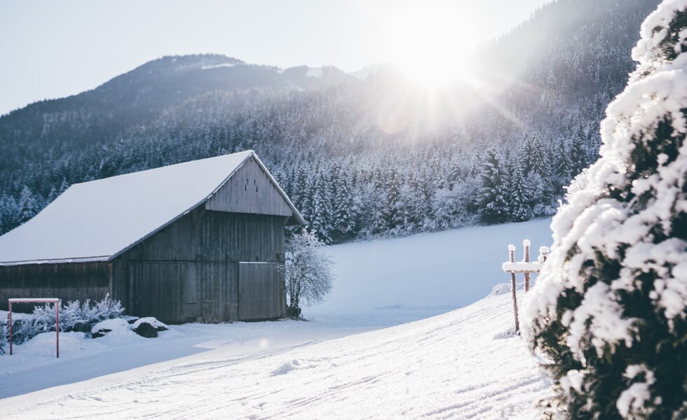 Landschaft mit Hütte im Schnee | © Urlaub am Bauernhof Kärnten/ Daniel Gollner