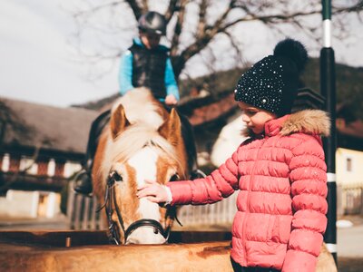Mädchen streichelt das Pferd und Kind sitzt darauf | © Urlaub am Bauernhof Kärnten / Daniel Gollner