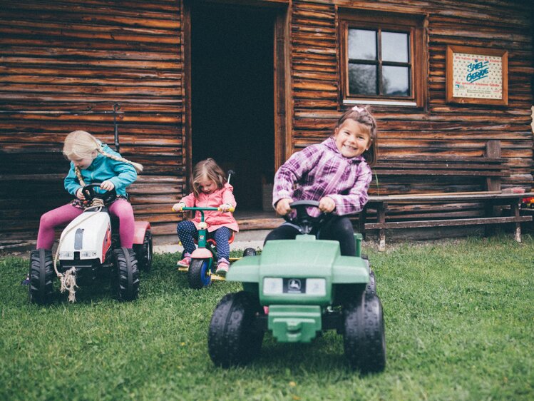 Kinder mit den Spielzeugtraktoren auf der Wiese | © Urlaub am Bauernhof Kärnten / Daniel Gollner