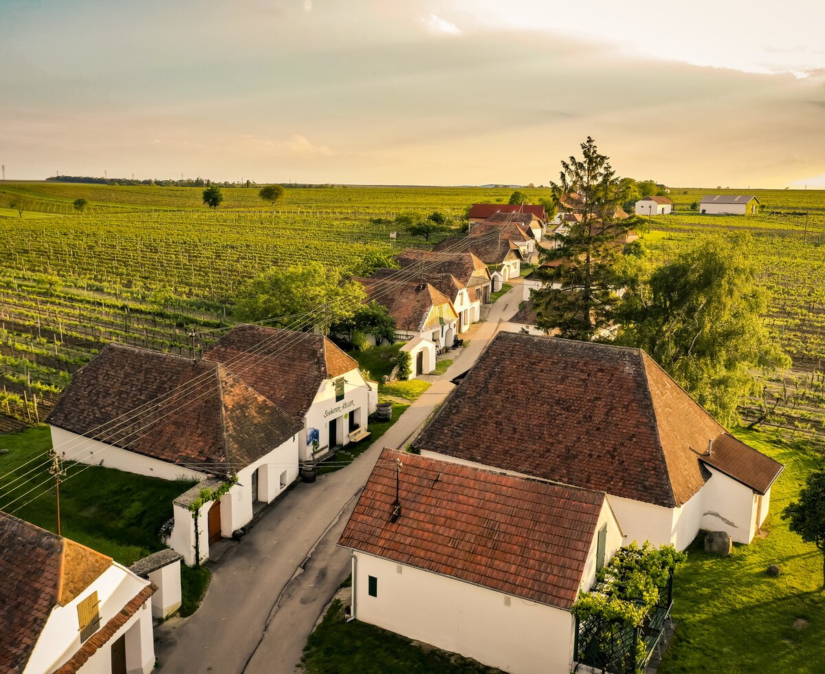 Aerial view cellar alley in Zellerndorf in the Weinviertel region | © Weinviertel Tourismus / Herbst