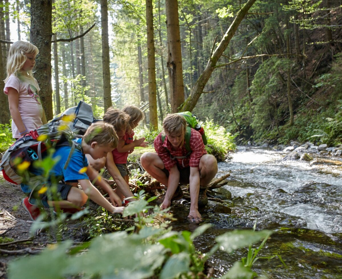 Familie spielt beim Bach | © Wiener Alpen / Florian Lierzer
