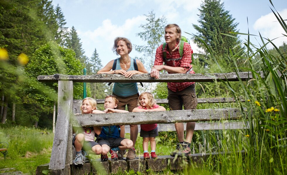 Familie steht auf einer Brücke beim Wandern | © Wiener Alpen / Florian Lierzer