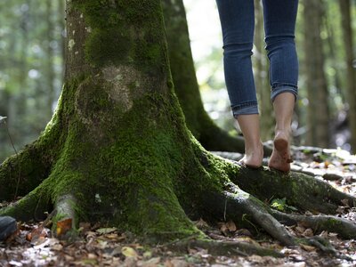 Barfuß durch den Wald gehen | © Urlaub am Bauernhof Oberösterreich / puremotions photography Frau geht barfuß durch den Wald | © Urlaub am Bauernhof Oberösterreich / puremotions photography