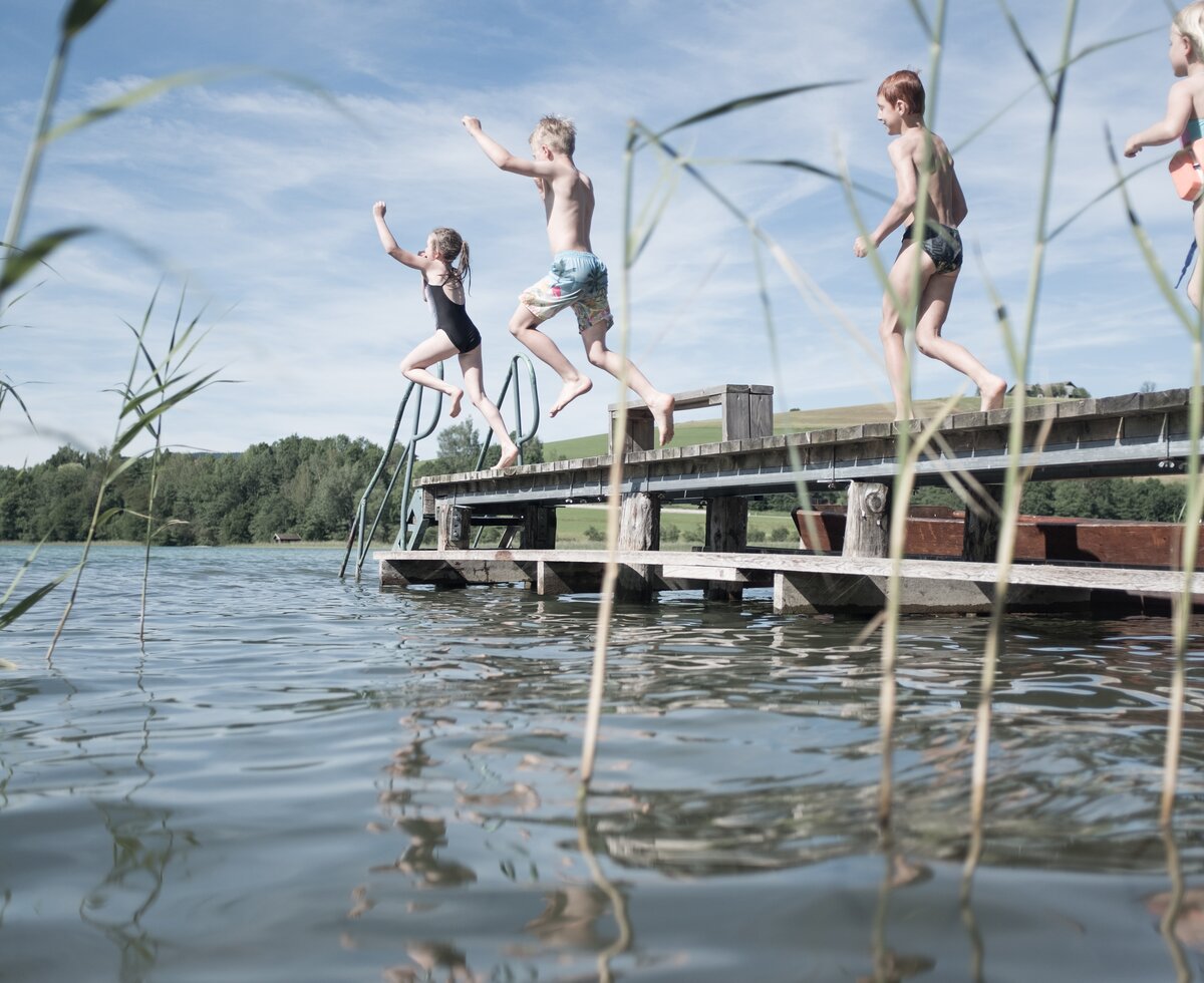 Kinder springen in den See | © Urlaub am Bauernhof Oberösterreich / Robert Maybach