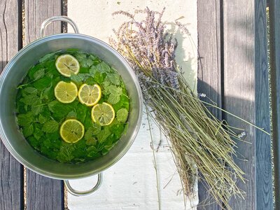 Kräutersirup Zutaten | © Urlaub am Bauernhof Oberösterreich / Jasmin Kreulitsch Zutaten für Kräutersirup und Lavendel liegen auf einem Tisch | © Urlaub am Bauernhof Oberösterreich / Jasmin Kreulitsch