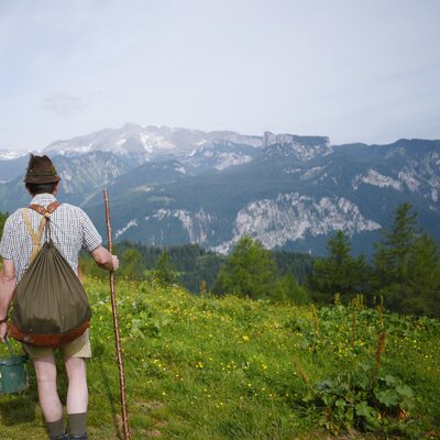 Almbauer blickt auf die Berge der Nationalparkregion Kalkalpen | © Urlaub am Bauernhof Oberösterreich / Harald Puchegger