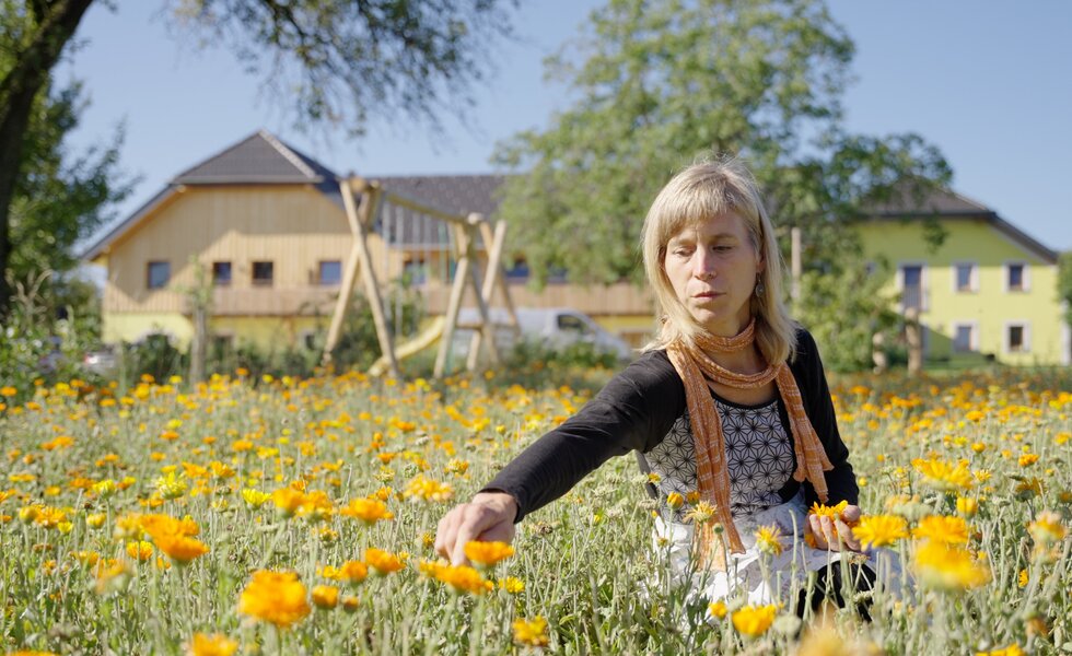 Eine Frau in einem Blumengarten mit gelben Blumen, Bäumen und Gebäuden im Hintergrund. Sie steht inmitten der Blumen und scheint die Umgebung zu genießen. | © Urlaub am Bauernhof / Daniel Gollner