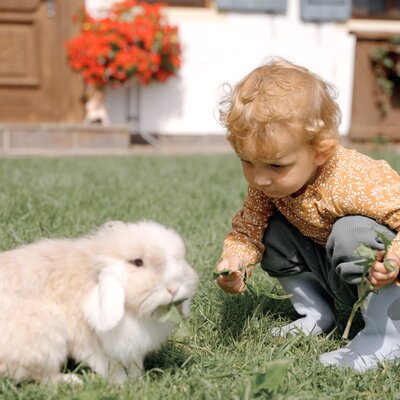 Young child in orange floral clothing interacting with a fluffy white rabbit on a grassy lawn in front of a wooden building. | © Urlaub am Bauernhof / Daniel Gollner