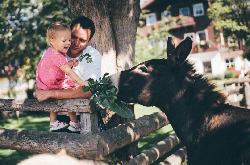 Ein Mann umarmt ein kleines Mädchen an einem Holzzaun, während ein Esel daneben steht und Grünpflanzen frisst. Die ländliche Umgebung mit Gebäuden im Hintergrund deutet auf eine ruhige, bukolische Szene hin. | © Urlaub am Bauernhof / Daniel Gollner