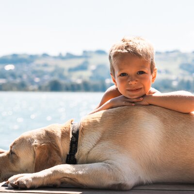 Ein lächelndes Kind, das auf einem Hund liegt und die Umgebung am Ufer betrachtet. Der sonnige Himmel und das ruhige Wasser bilden eine idyllische Szenerie. | © Urlaub am Bauernhof / Punkt und Komma