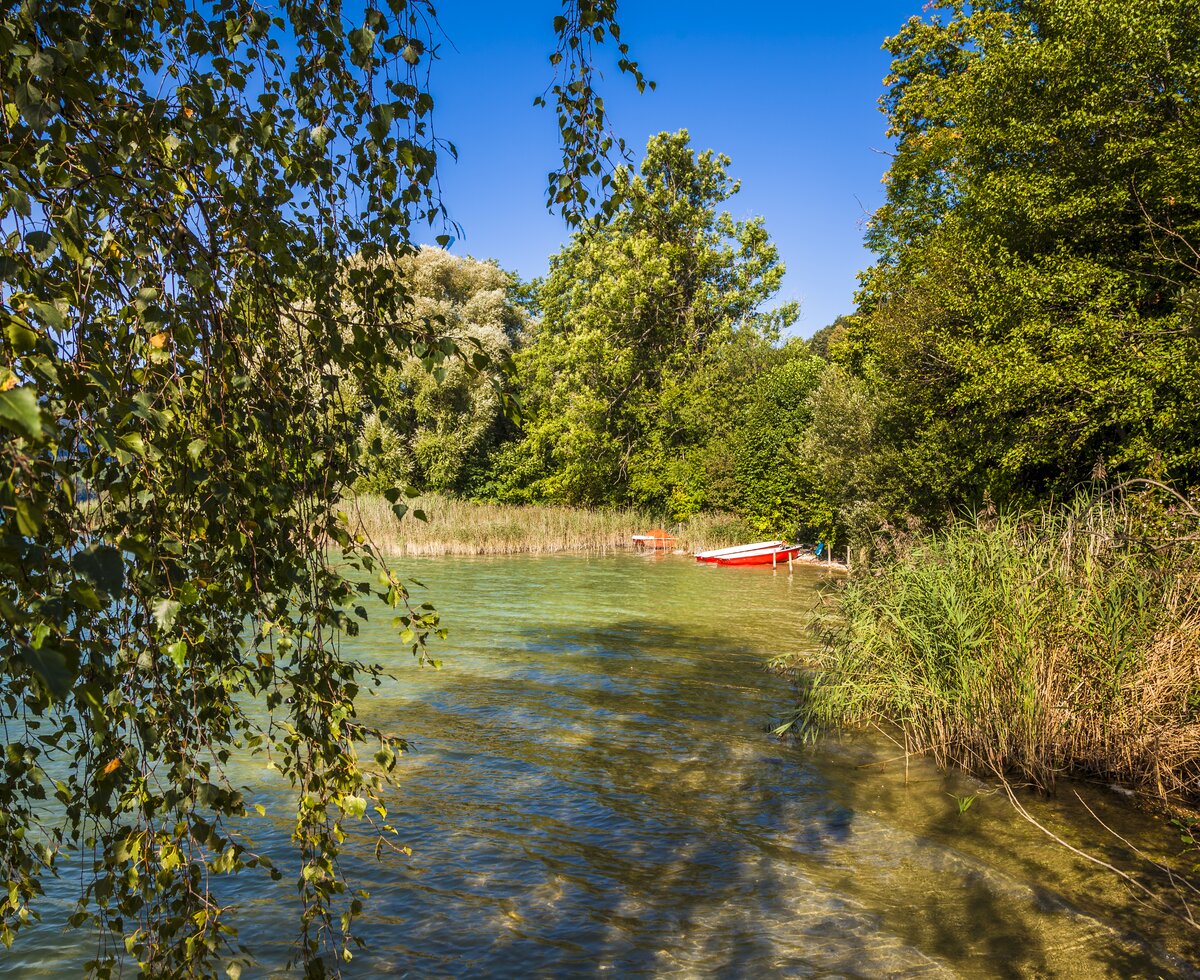 Badestrand mit Ruderboot am Fuschlsee | © Urlaub am Bauernhof im SalzburgerLand / Bernd Suppan Privater Badeplatz und direkter Seezugang beim Feldbauer in Fuschl am See im SalzburgerLand. | © Urlaub am Bauernhof im SalzburgerLand / Bernd Suppan