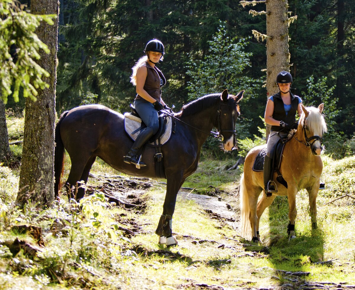 Ausritt durch den Wald, Urlaub am Reitbauernhof, Steiermark | © Urlaub am Bauernhof Steiermark | Kufferath Zwei Reiterinnen mit ihren Pferden im Wald | © Urlaub am Bauernhof Steiermark | Kufferath