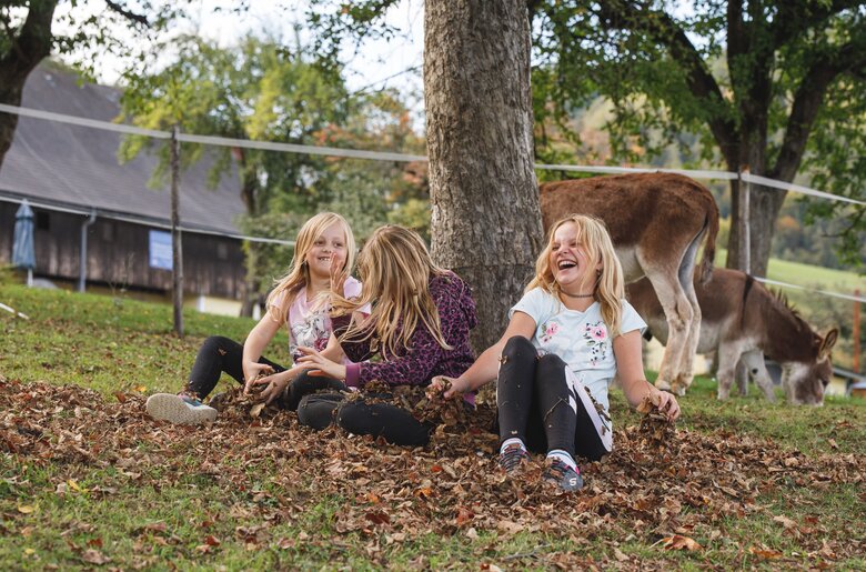 Drei Mädchen sitzen unter einem Baum und spielen mit dem Laub | © Urlaub am Bauernhof / punkt & komma