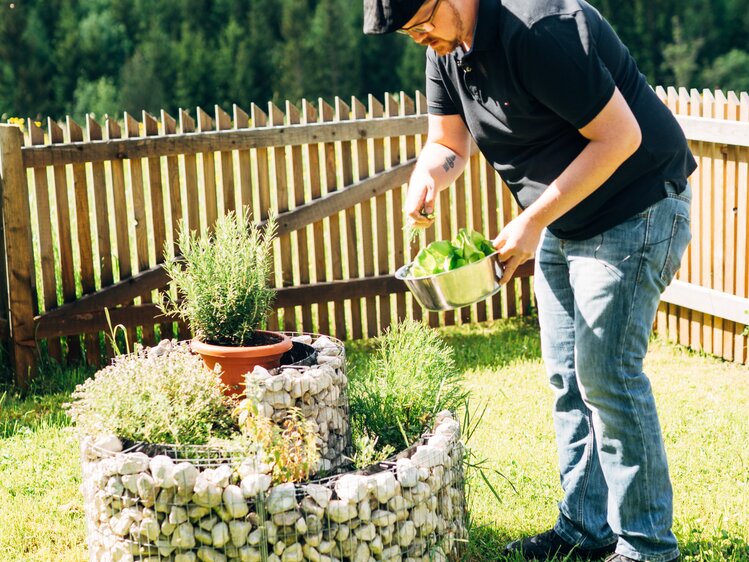 Max Leodolter beim Kräuterholen im Garten bei der Kräuterspirale, Lurgbauer, Steiermark | © Urlaub am Bauernhof Steiermark / Daniel Gollner