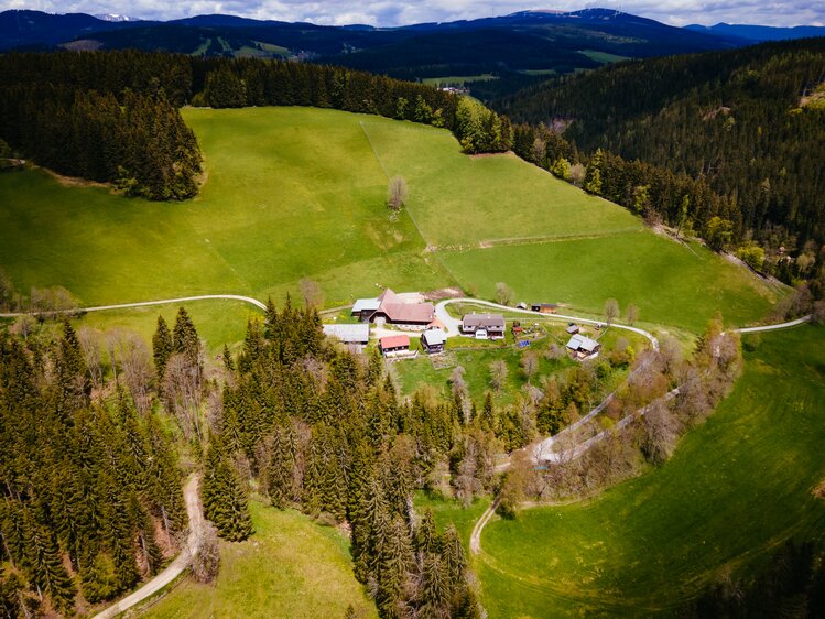Luftaufnahme Bauernhof Rossegger mit weiterer Umgebung, Steiermark | © Urlaub am Bauernhof Steiermark | Daniel Gollner