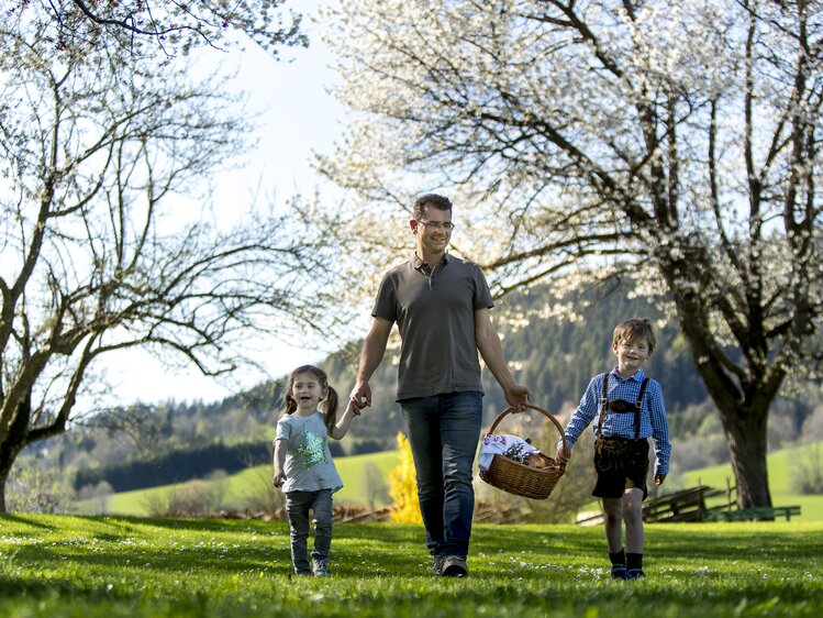 Vater ist mit seinen beiden Kindern mit dem Osterkorb unterwegs zur Fleischweihe, Steiermark | © Urlaub am Bauernhof Steiermark / Tom Lamm