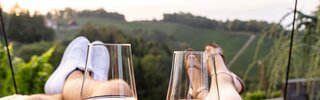 Two people enjoying a glass of wine while overlooking a scenic outdoor landscape.