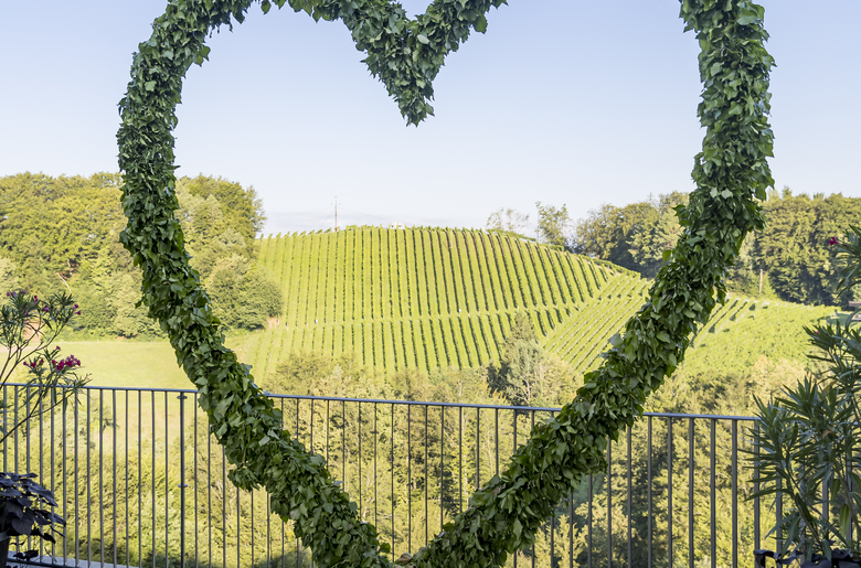 Ein herzförmiger Efeurahmen auf einer Terrasse überblickt eine wunderschöne Weinlandschaft mit Hügeln und Wiesen. | © Urlaub am Bauernhof / Elisabeth Fröhlich