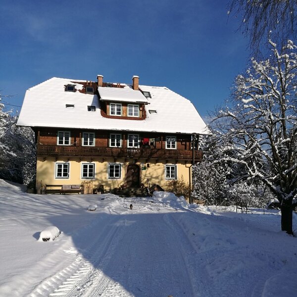Der Bauernhof im Winter mit schneebedecktem Dach, Bäumen und Zufahrtsweg.