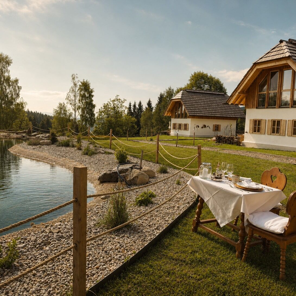 Außenbereich des Bauernhofs mit einem gedeckten Tisch für zwei Personen am See und zwei Bauernhöfen im Hintergrund.