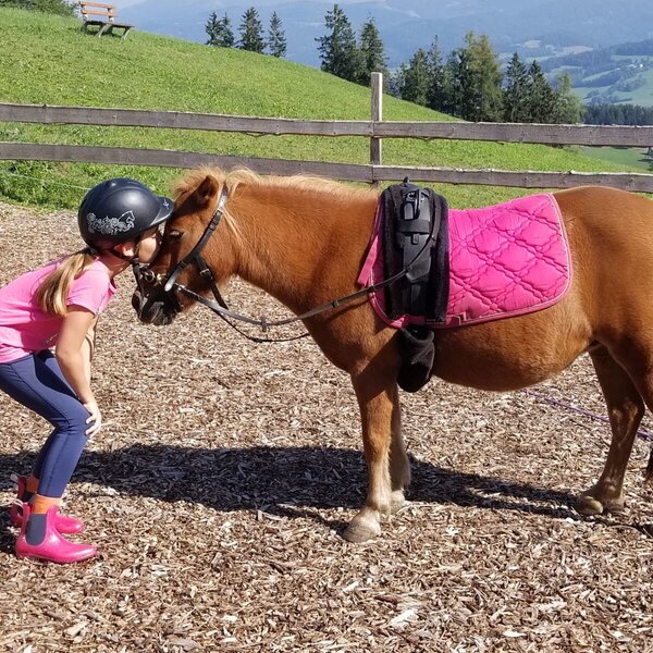 Ein Kind mit Reithelm küsst ein gesatteltes Pony auf dem Bauernhof.