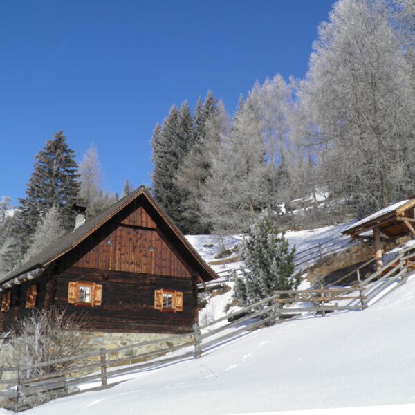 Die Alm als Holzhaus in einer verschneiten Winterlandschaft mit gefrosteten Bäumen und einem Holzzaun.