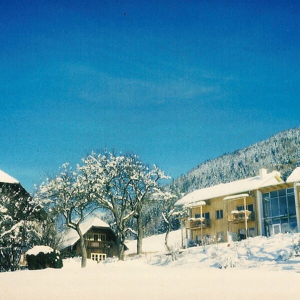 The farm house exterior in winter, featuring multiple buildings, snow-covered trees, and mountain views.