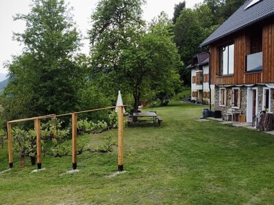 Der Außenbereich des Bauernhofs mit Rasenfläche, Picknicktisch, kleinem Weinberg und Blick auf die umliegende Natur.