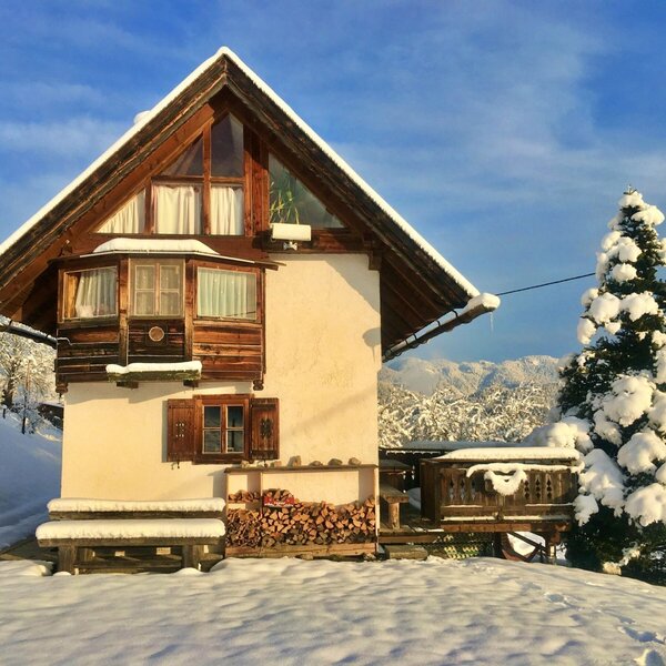 The snow-covered Alpine Hut features stacked firewood and is set against a winter landscape with an evergreen tree and distant mountains.