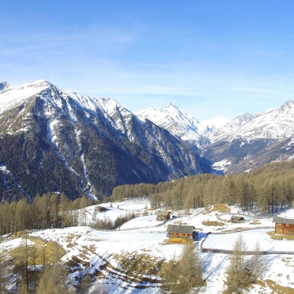View of the snow-covered alpine landscape from the Alpine Hut, with snow-capped mountains, a valley, and scattered traditional wooden huts among bare larch trees.