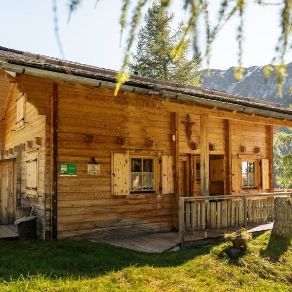 The exterior of the Alm, featuring a wooden facade, a small terrace, and views of the surrounding mountain landscape.