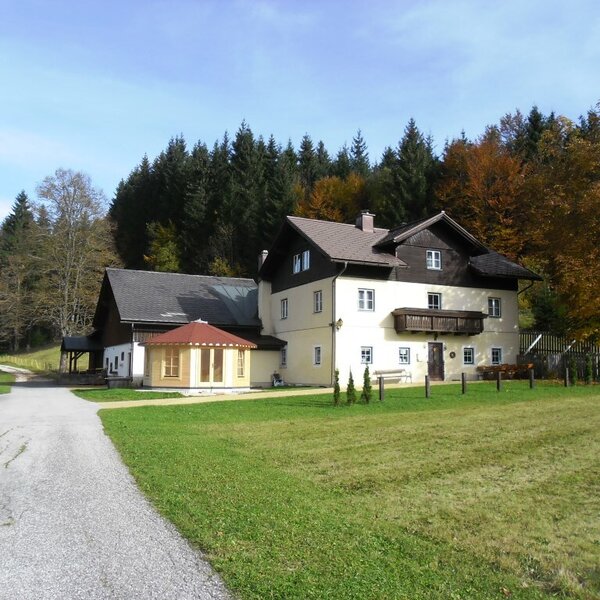 Der Bauernhof mit seinen Gebäuden, einer Rasenfläche und einem Pavillon, umgeben von Bäumen.