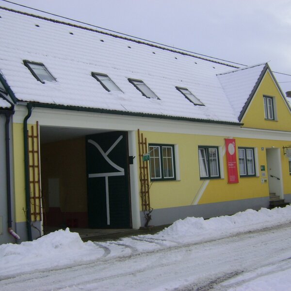 Die Außenansicht des Hofs mit gelber Fassade, schneebedecktem Dach und Dachfenstern im Winter.