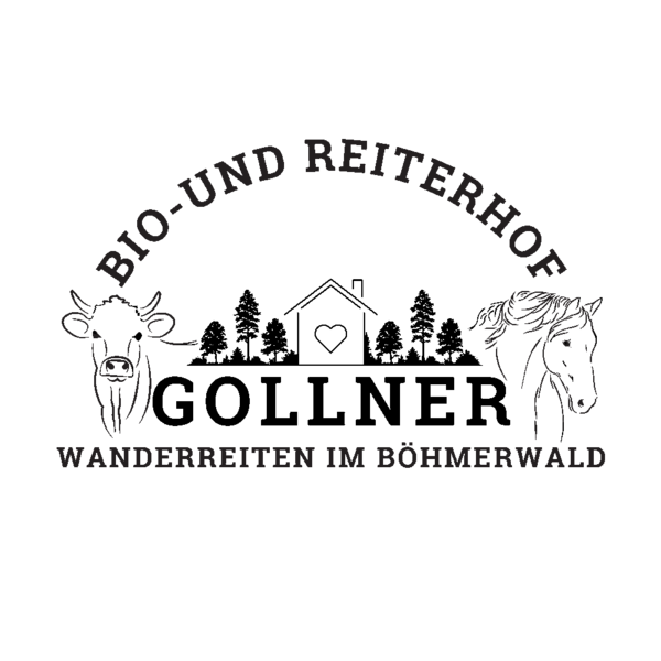 Logo des Bauernhofs mit dem Schriftzug 'Bio- und Reiterhof', einer Kuh, einem Pferd, Bergen und dem Hinweis 'Wanderreiten im Böhmerwald'.