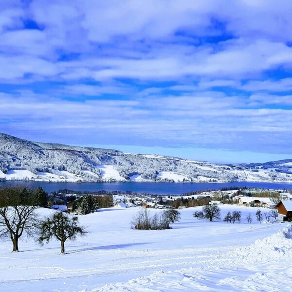 The snow-covered winter landscape surrounding the Farm House, featuring a lake, distant mountains, and scattered village buildings.