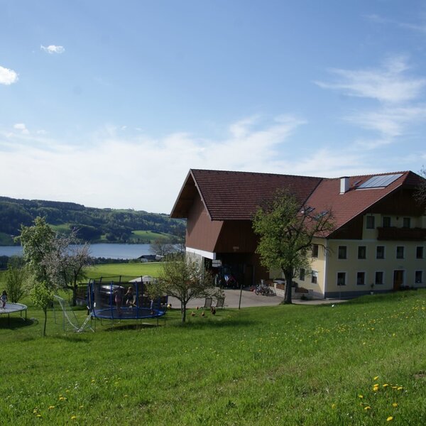 The Farm House exterior with a view of the lake and mountains, featuring trampolines in the grassy area.