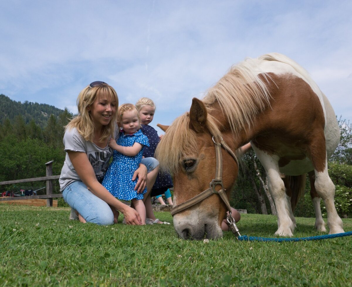 Eine Frau mit zwei Kindern und einem grasenden Pferd auf der Wiese des Bauernhofs.