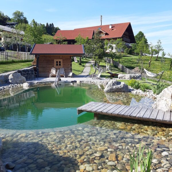 Swimming pond with house